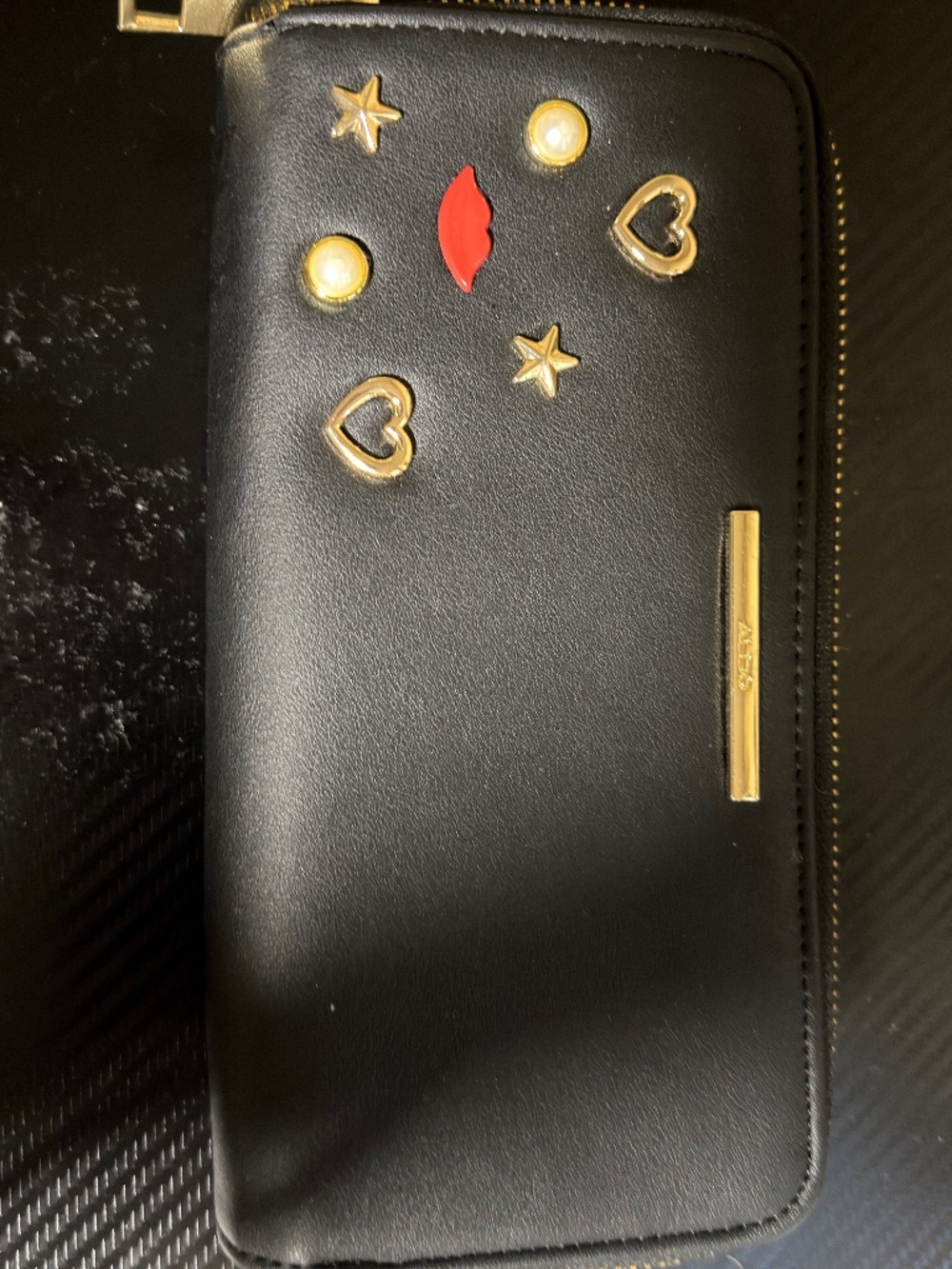 ALDO Black Zip-Around Wallet | Gold Celestial Stars, Hearts, Faux Pearls & Red L